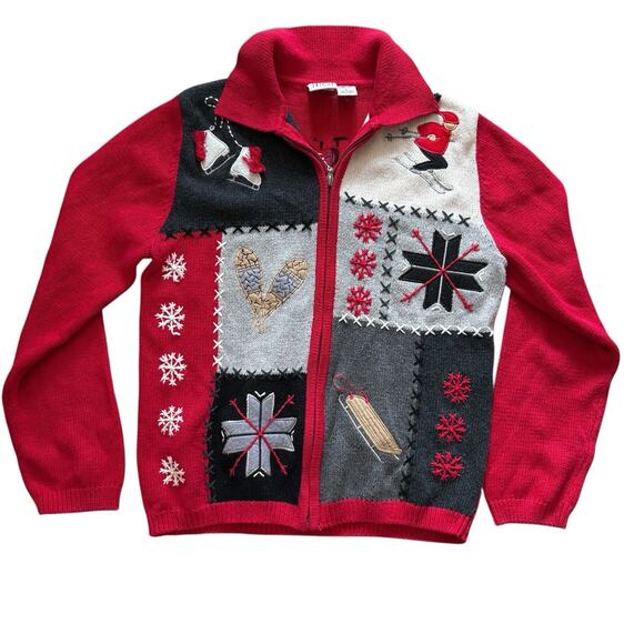 Vintage 90s Field Gear Cardigan Women's Size Small Red Winter Sports Holiday Zip - Picture 1 of 11